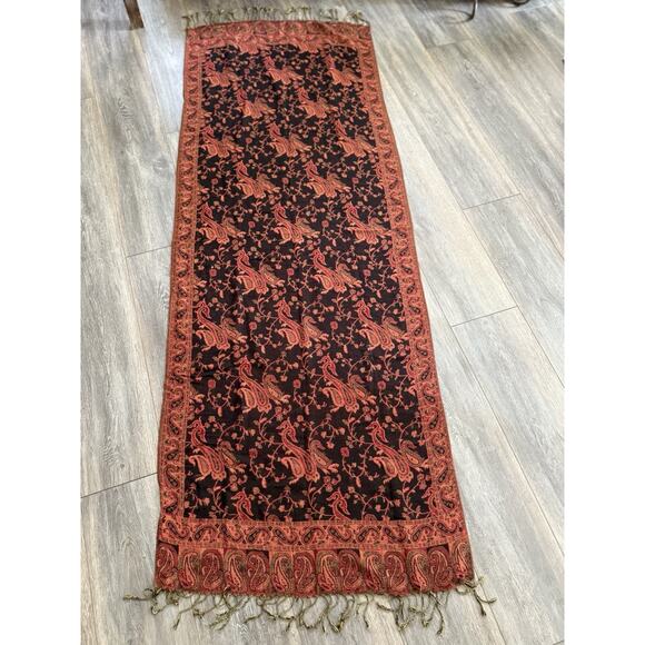 Paisley Rectangle Floral Fringed Scarf Black Orange Festival Artsy Hippie Boho - Picture 1 of 6